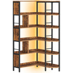 Hzuaneri 5-Tier Corner Bookshelf with LED Light, L-Shaped Bookcase with Metal Frame and Wooden Board, Industrial Bookcase with Display Shelf for Living Room Home Office, Rustic Brown