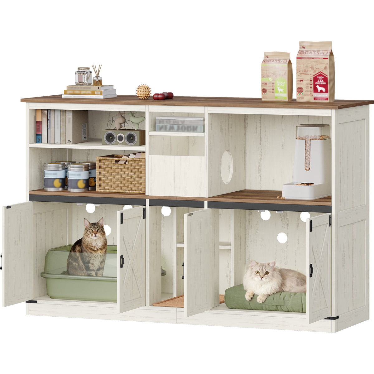 Double Cat Litter Box Enclosure with Storage, Hidden Cabinet for 2 Cats, Rustic Brown and White