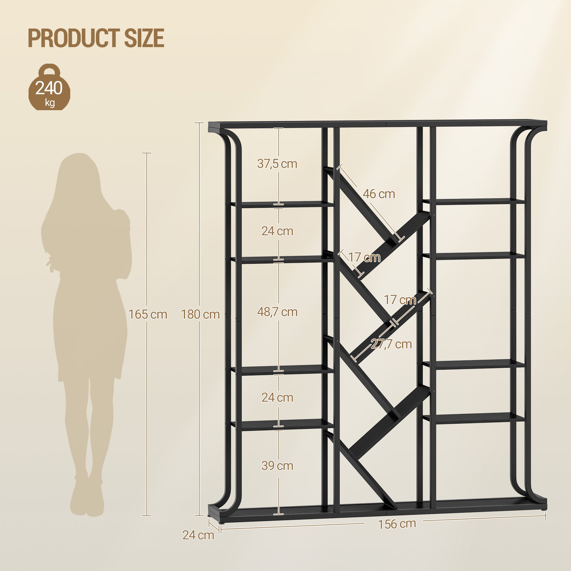 Hzuaneri Bookshelf, 3 Columns, 6 Tier Tree-Shaped Bookcase, 17 Open Independent Shelves, for Home Office, Bedroom, Living Room, 24 x 156 x 180 cm, Black BC53204B