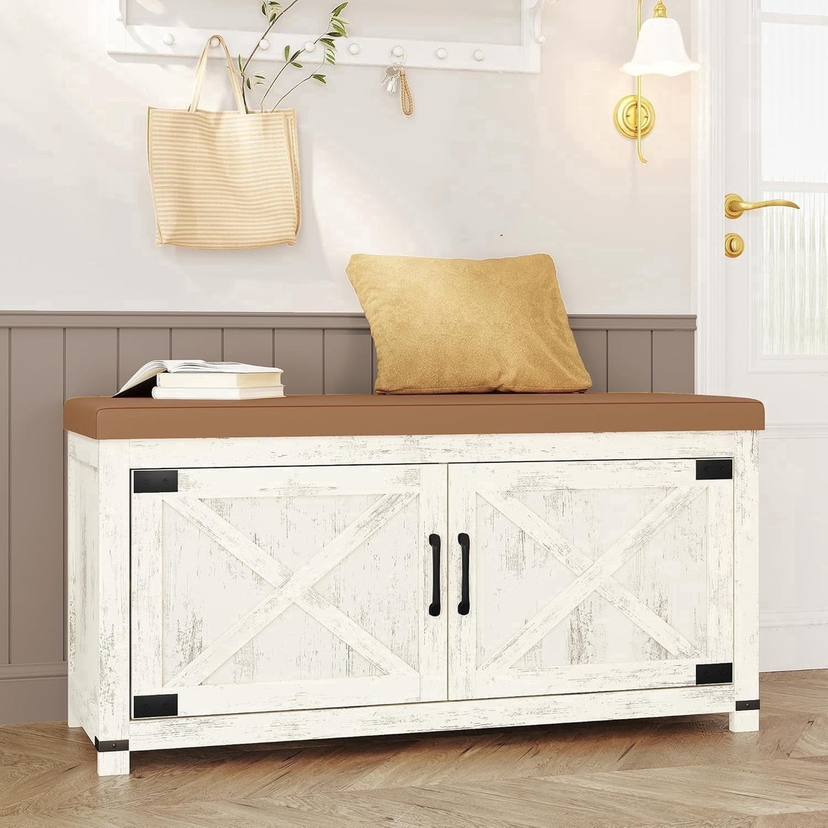 Hzuaneri 39.4" Shoe Storage Bench with Padded Seat and Barn Doors for Entryway, Shoe Rack Bench with Adjustable Shelf, Antique White