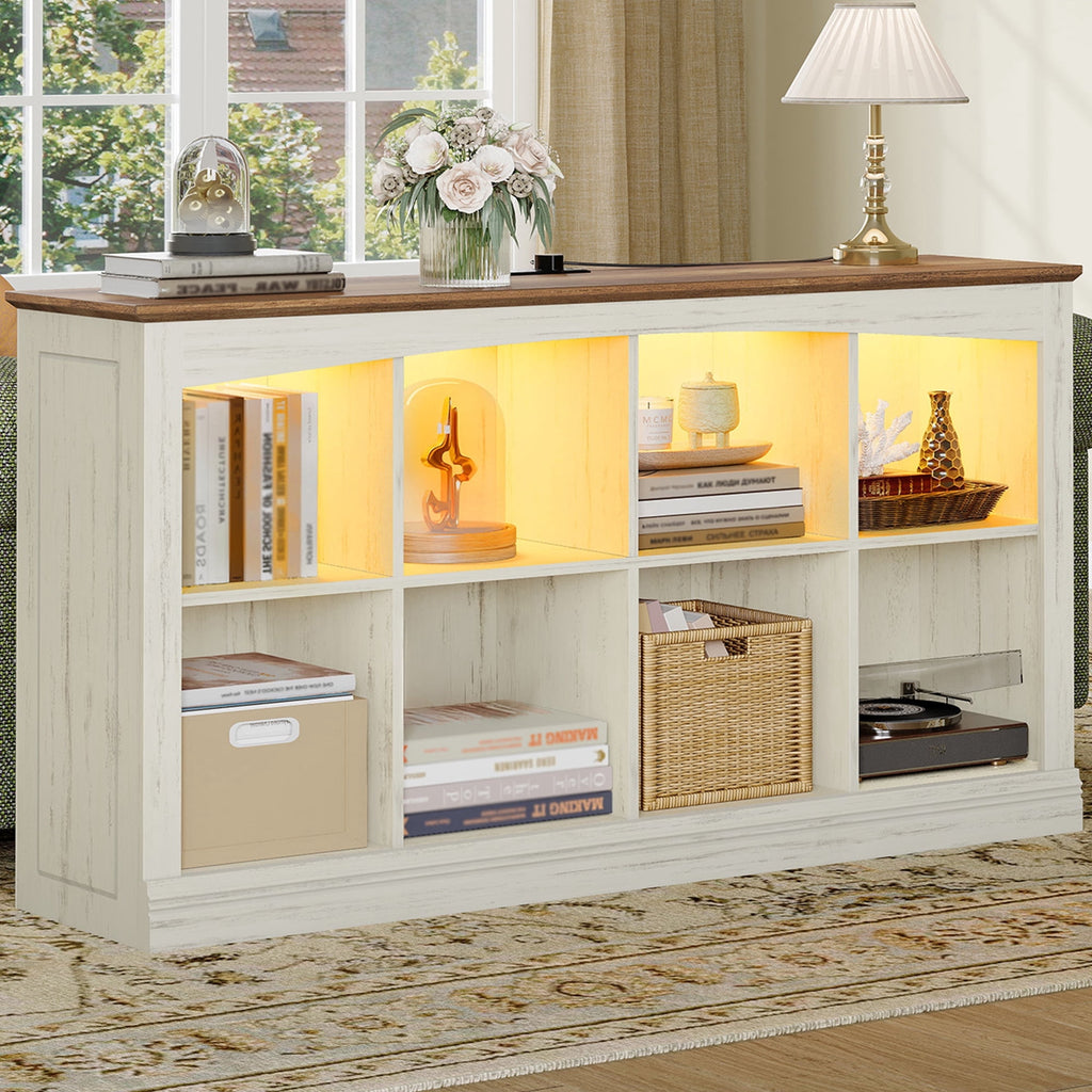 2 Tier Wood Cube Bookshelf, 55"W 8-Cube Storage Organizer with LED Lights & Charging Station, Low and Rustic Display Cabinet for Bedroom, Office, Living Room, White