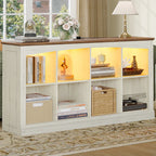 2 Tier Wood Cube Bookshelf, 55"W 8-Cube Storage Organizer with LED Lights & Charging Station, Low and Rustic Display Cabinet for Bedroom, Office, Living Room, White