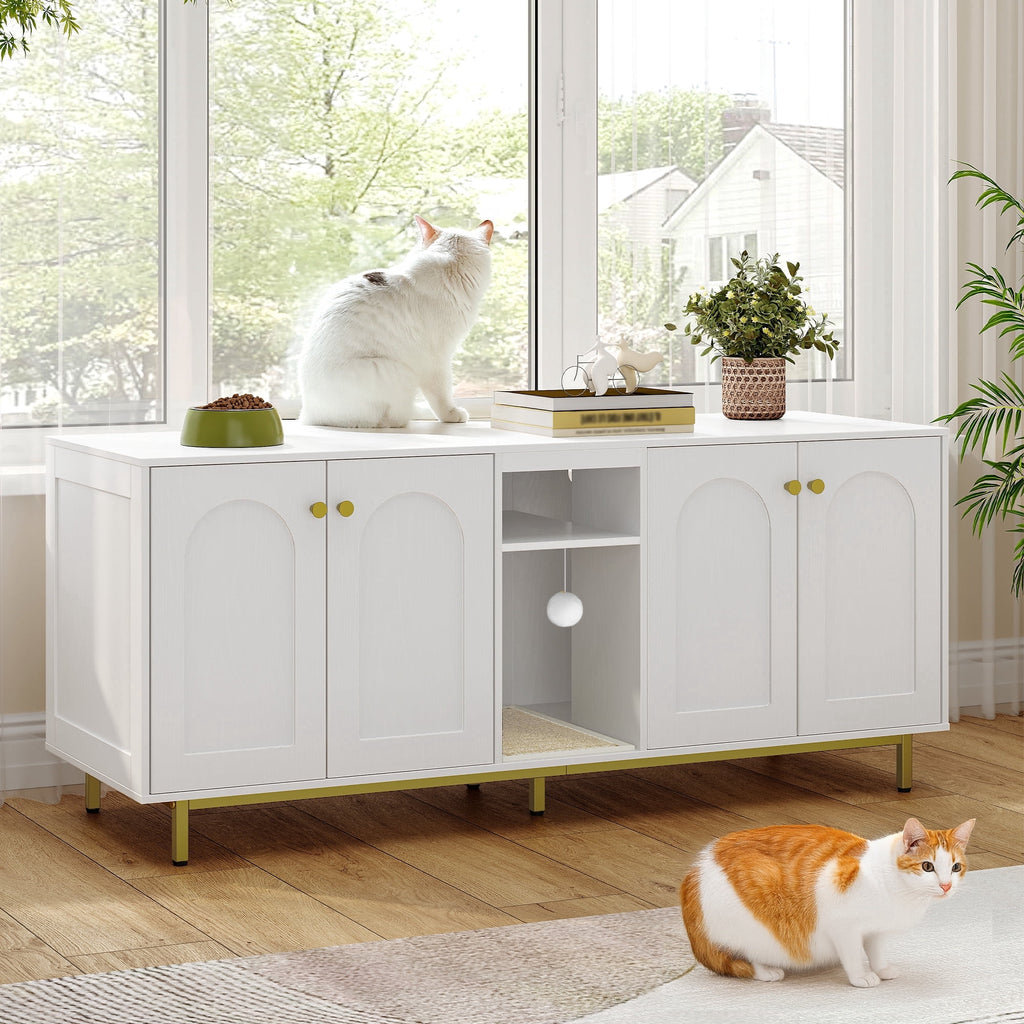 Hzuaneri Cat Litter Box Enclosure for 2 Cats, 55" Hidden Litter Boxes with Double Room, Storage, Plush Ball, Wooden Cat Washroom Furniture, White Gold