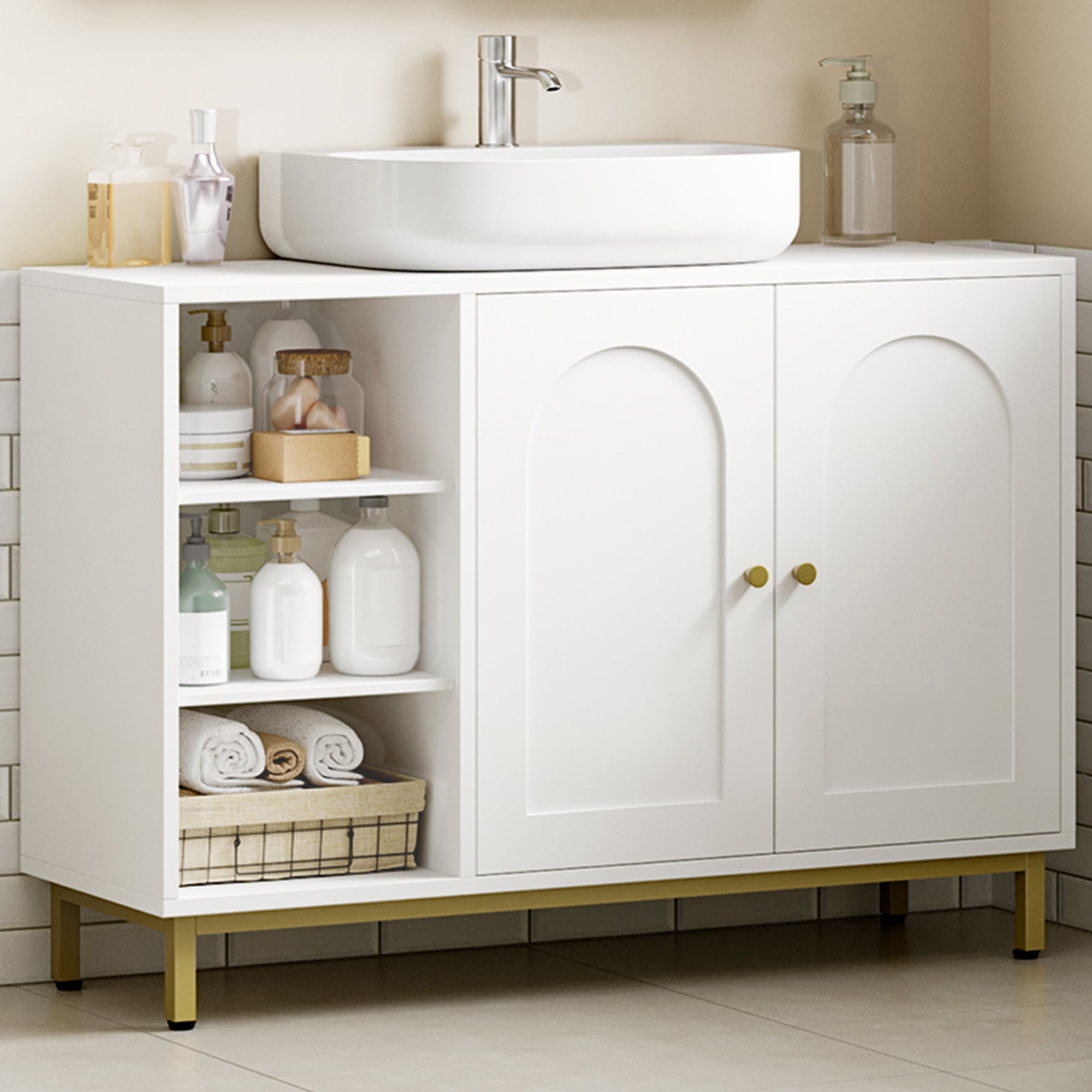 Hzuaneri Vanity Unit, 30 x 90 x 63 cm, Base Cabinet, Vanity Unit, Bathroom Cabinet with 2 Doors, Adjustable Shelf, Ample Storage Space, Modern Style, White-Gold BC09803G