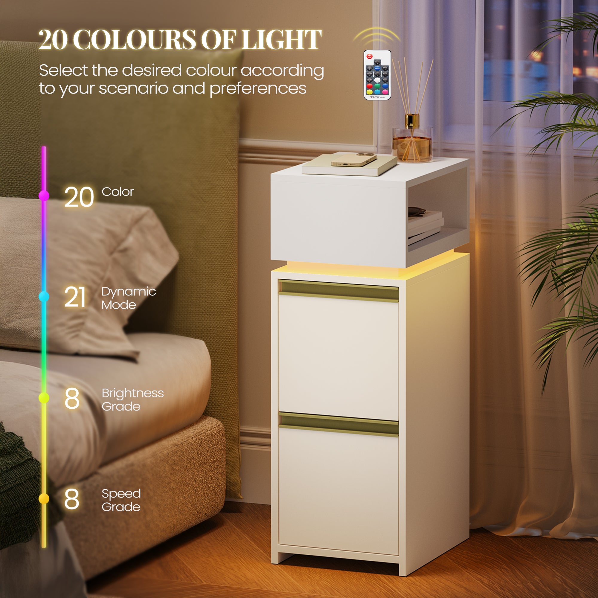HEXCELEN Nightstand, Narrow, Side Table with 2 Drawers and 1 Open Compartment, Bedside Table for Bedroom, Side Table, for Bedroom, Living Room, Modern, White 321103X