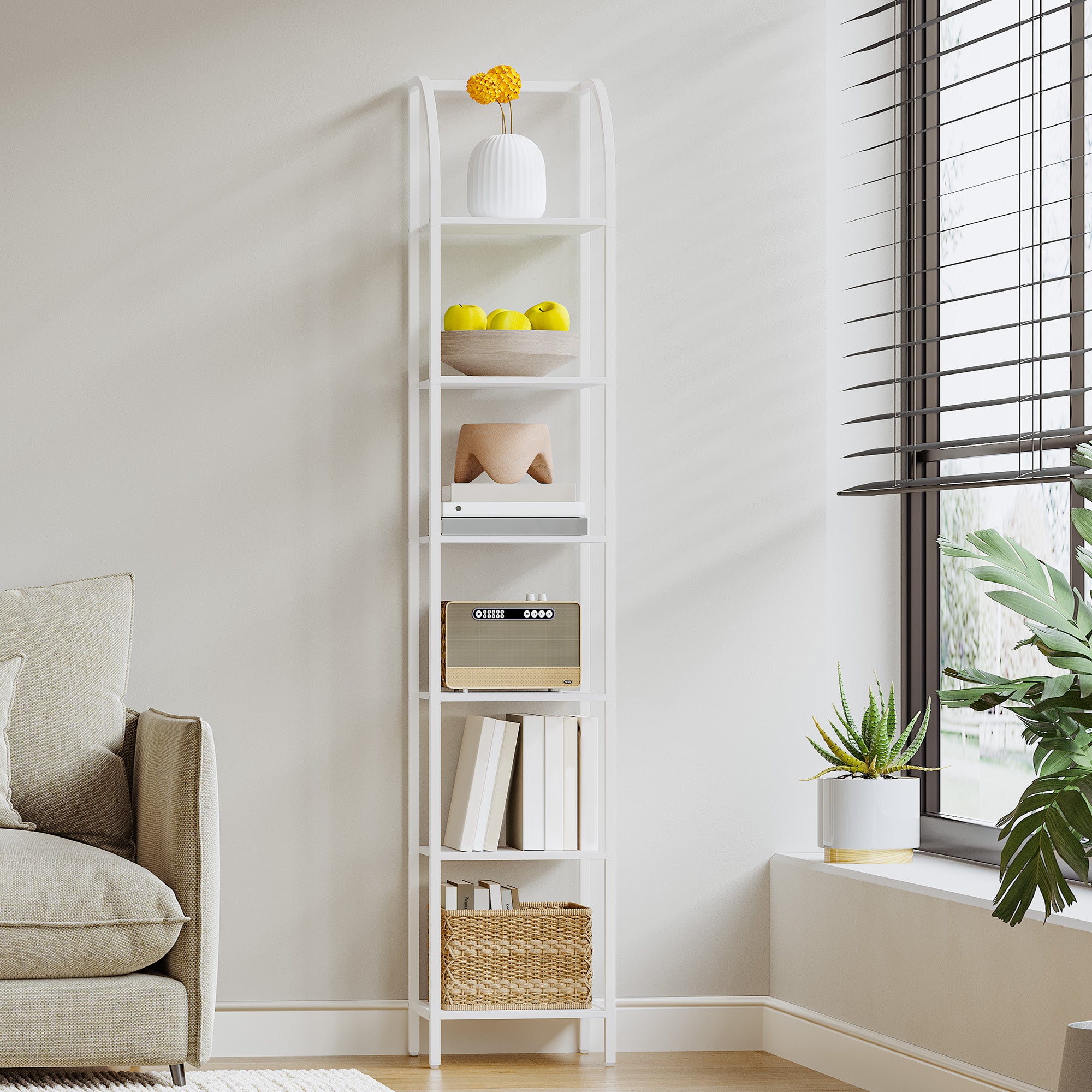 Hzuaneri Bookcase, 6-Tier Bookshelf, Narrow Bookcase Shelving Unit for Living Room, Office, Sturdy, Bedroom, 30 x 33.6 x 182.5 cm, Industrial, White, BC56013W
