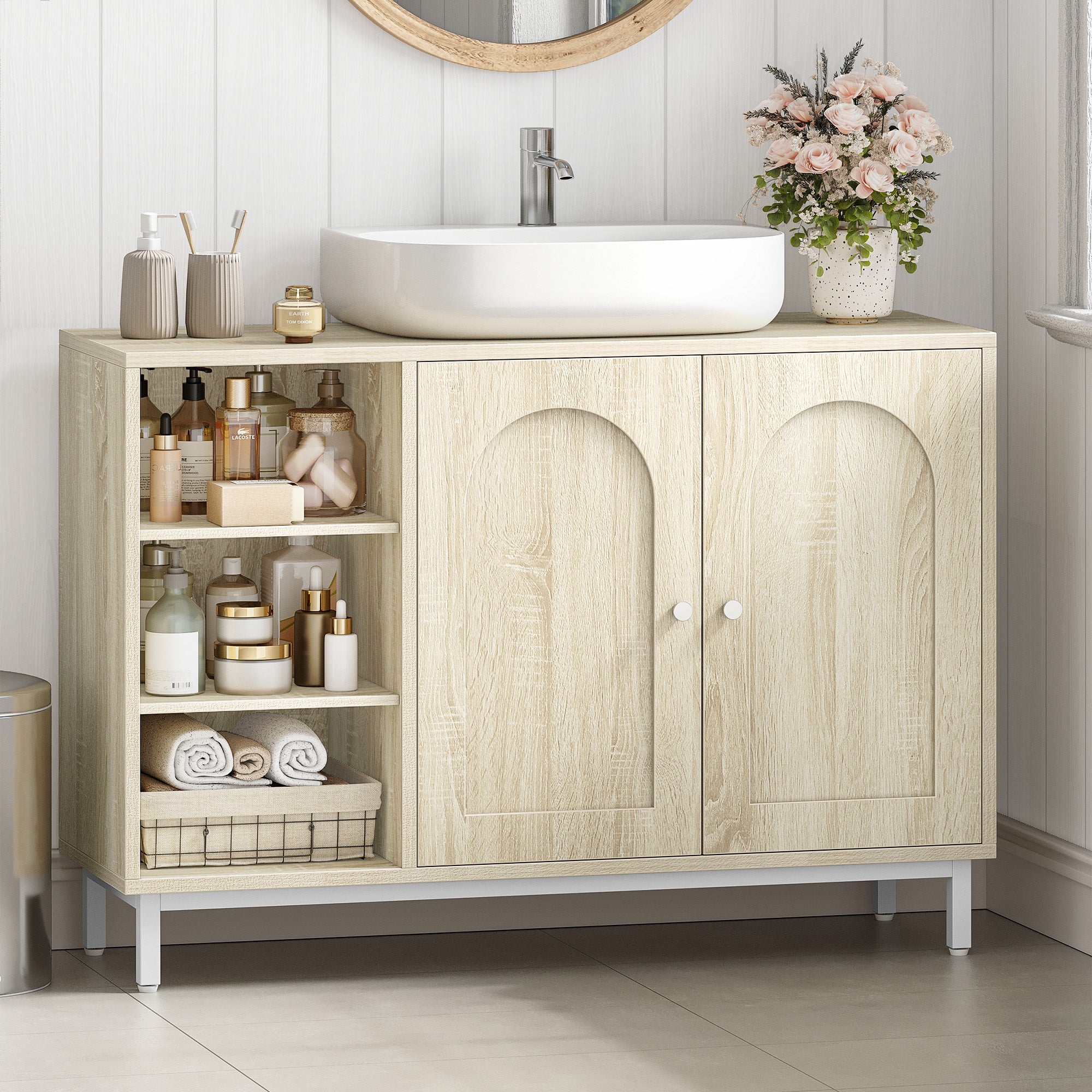 Hzuaneri vanity unit, base cabinet, washbasin cabinet, bathroom cabinet with 2 doors, adjustable shelf, ample storage space, modern style, 30 x 90 x 63 cm, light oak BC09816W