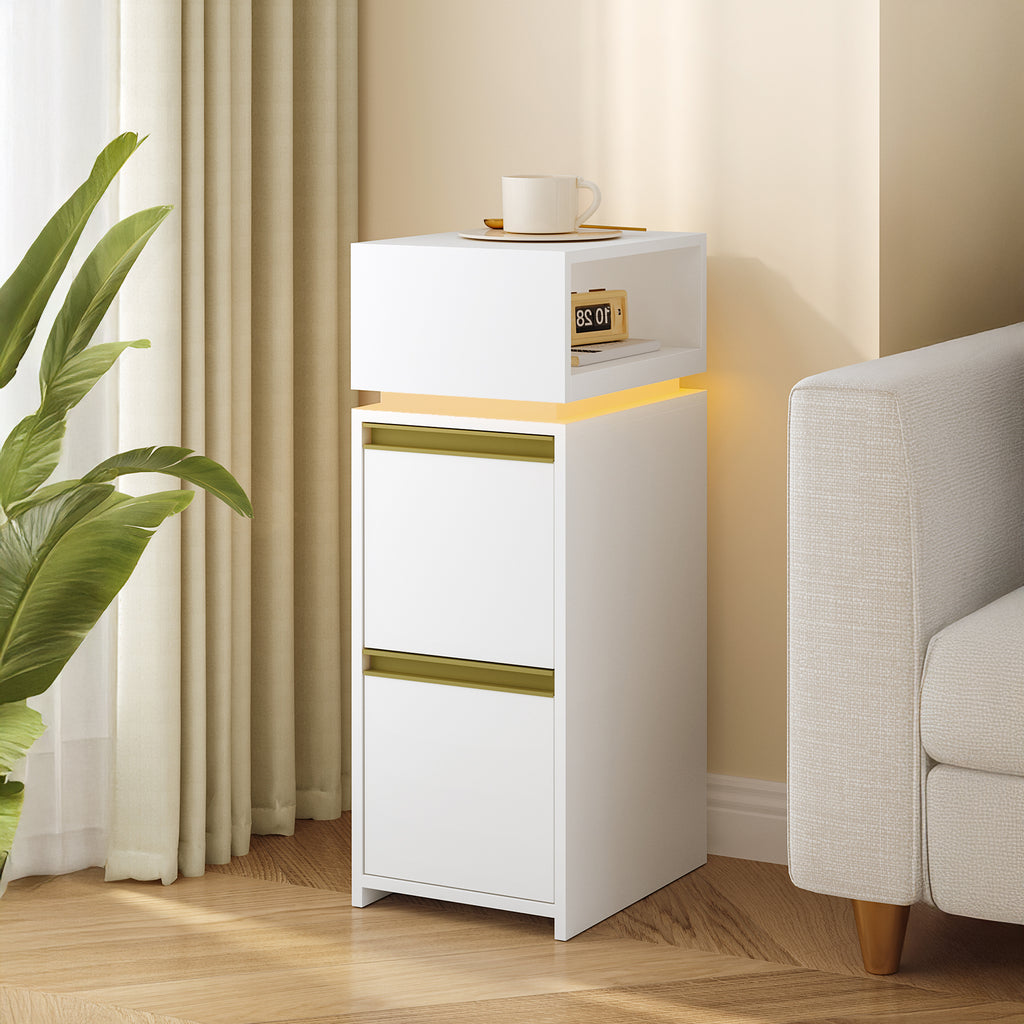 HEXCELEN Nightstand, Narrow, Side Table with 2 Drawers and 1 Open Compartment, Bedside Table for Bedroom, Side Table, for Bedroom, Living Room, Modern, White 321103X