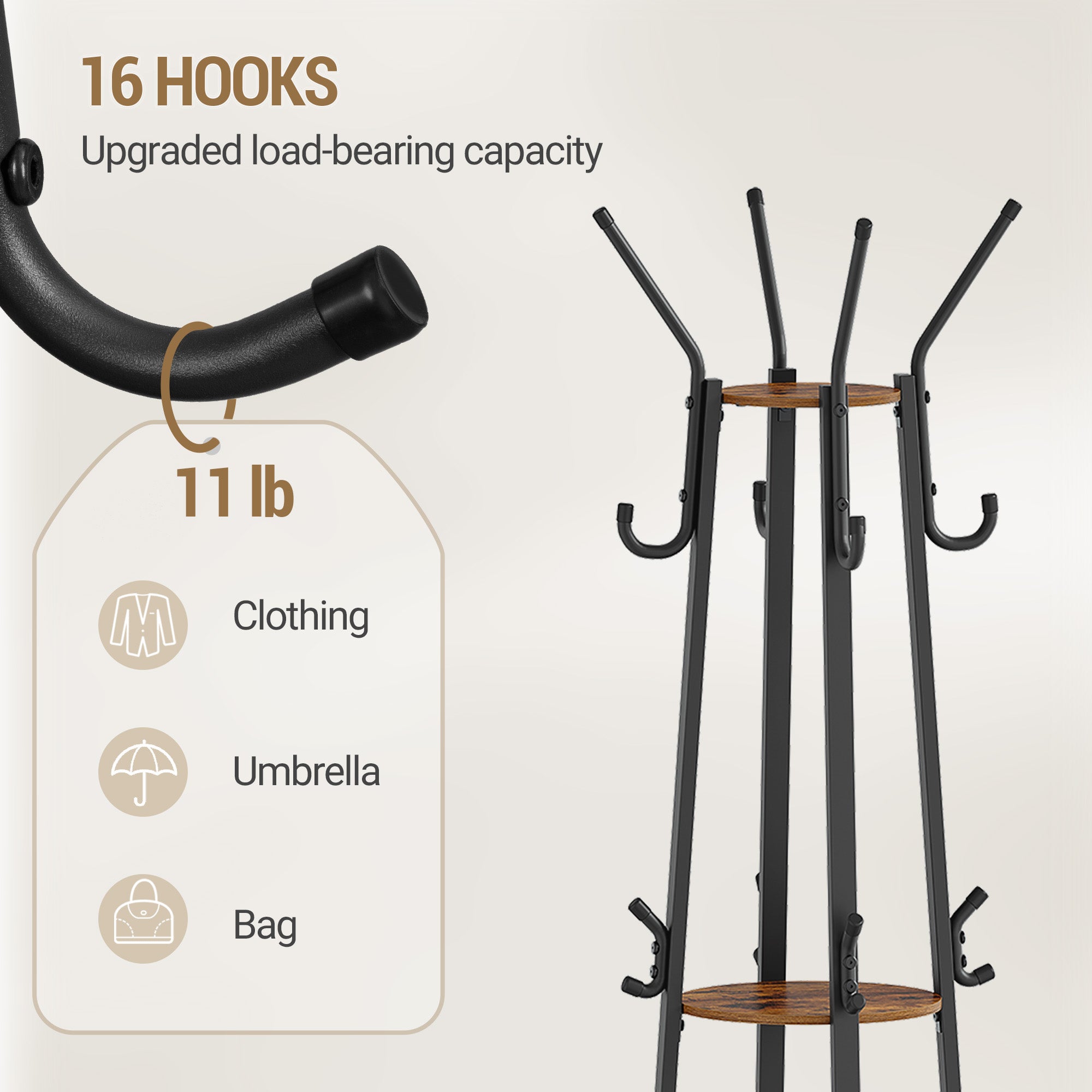 Hzuaneri Coat Rack, Clothes Rack with Large Storage Basket, Wardrobe with 3 Shelves, 16 Hooks, for Entrance Area, Bedroom, 182.5 cm High, Brown and Black CR27301B