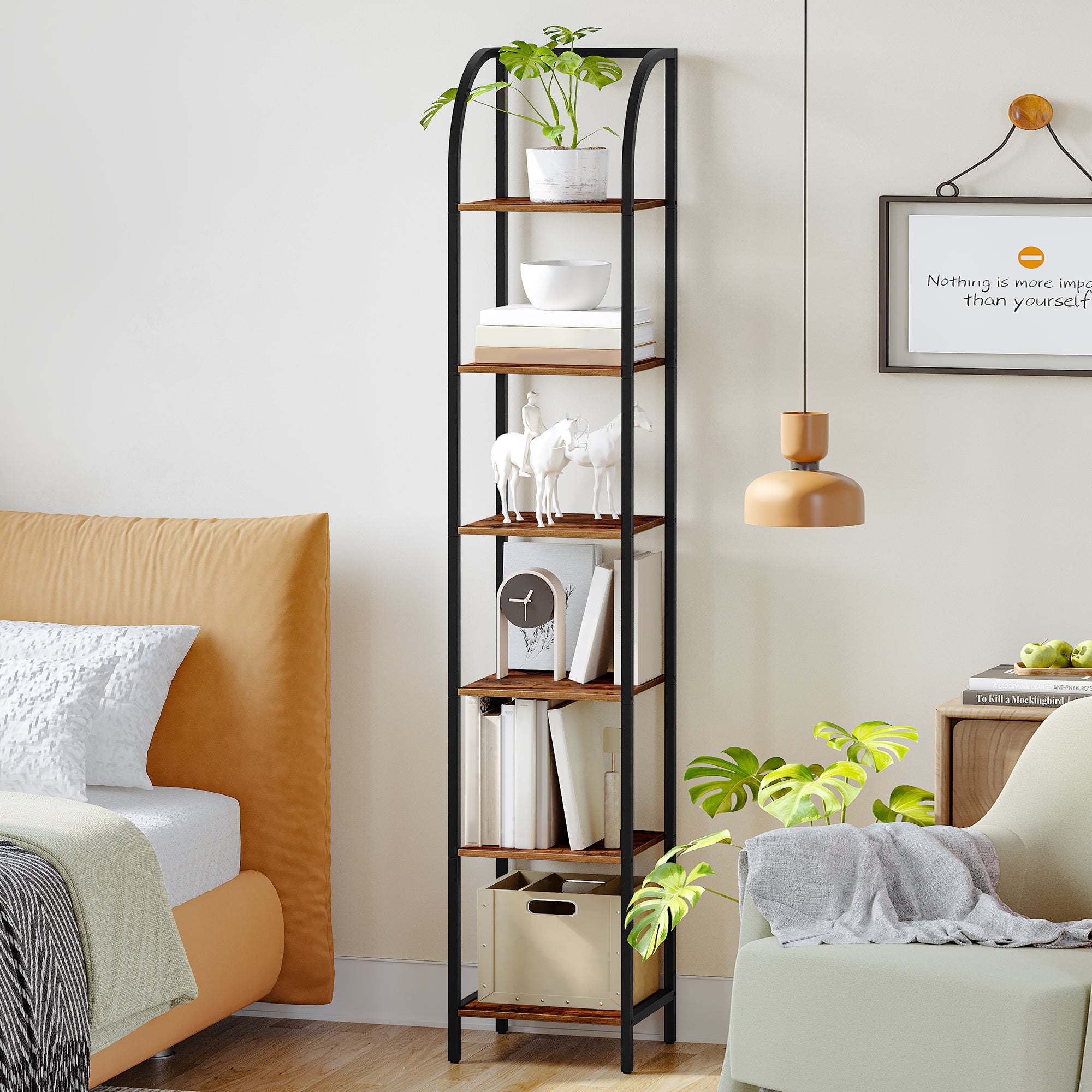 Hzuaneri Bookcase, 6-Tier Bookshelf, Narrow Bookcase Shelving Unit for Living Room, Office, Sturdy, Bedroom, 30 x 33.6 x 178 cm, Industrial, Rustic Brown and Black, BC56001B
