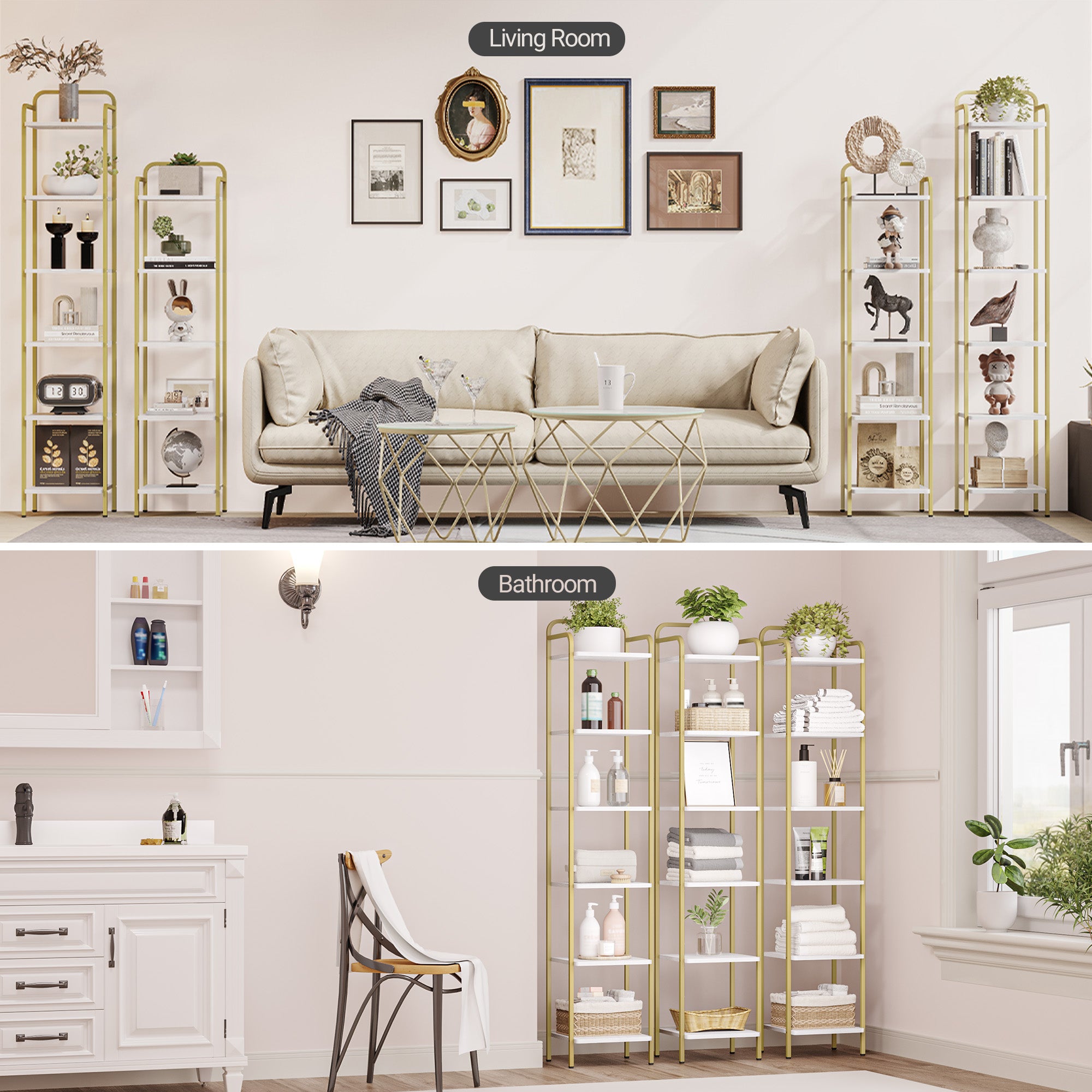 Hzuaneri 6-Tier Bookcase Bookshelf, Narrow Tall Bookcase, Slim Wooden Shelving Unit for Bedroom, Living Room, Home Office, Sturdy, White-Gold, BC24613G