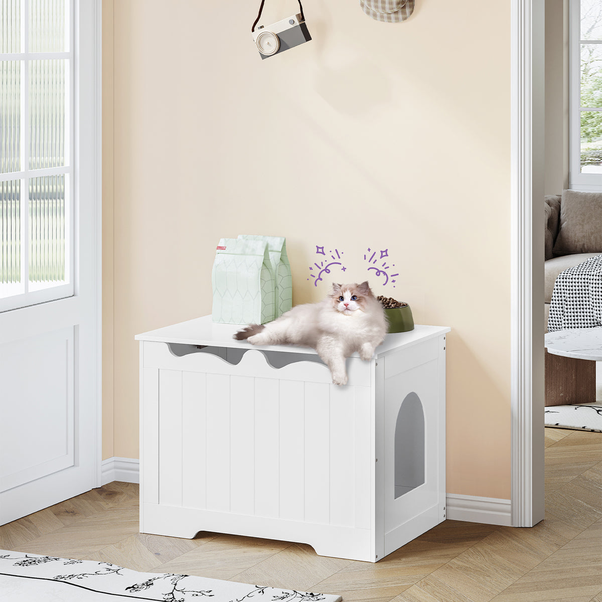 Hzuaneri Cat Cabinet, 70 cm Cat Litter Box Cabinet, Storage Box, White Top Opening Hidden Cat Litter Box Cabinet Furniture, Cat House, 70 x 50 x 53 cm, for Hallways, Bedrooms, CB84803X