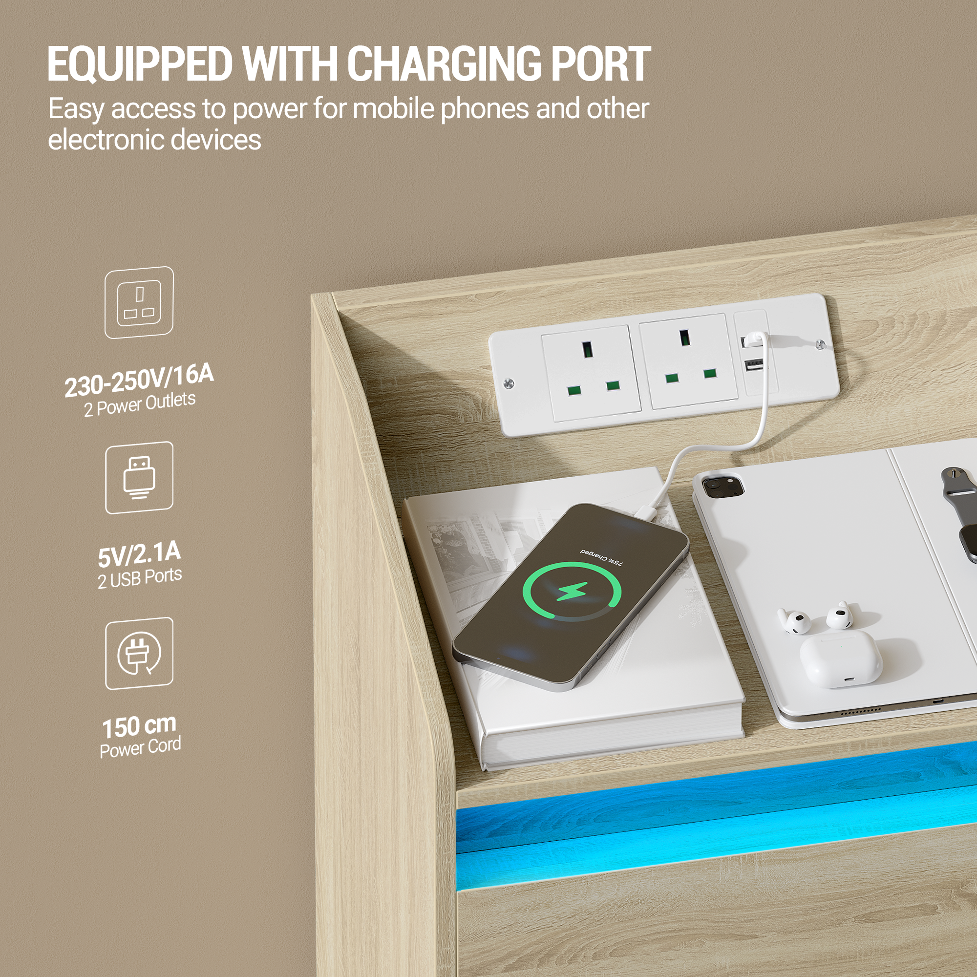 Hzuaneri Nightstands Set of 2 with LED Lights, Charging Station and 2 Drawers, Side Table with USB Ports and Power Outlets, Ideal for Living Room and Bedroom, Oak Color, NS30116X