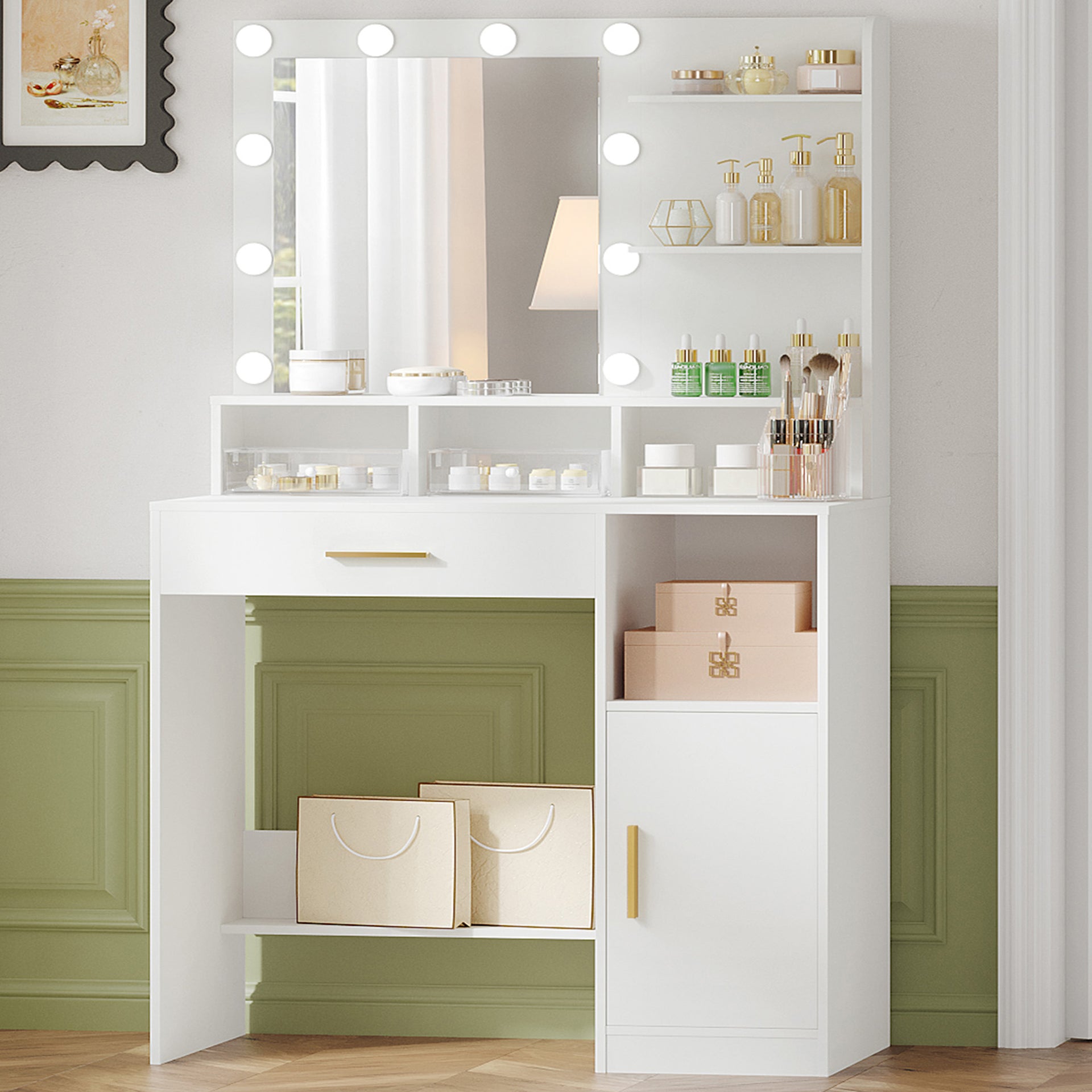 Hzuaneri Dressing Table with 10 LED Lights & Mirror, Large Storage Drawer & Cabinet, 3 Color Modes Vanity Desk