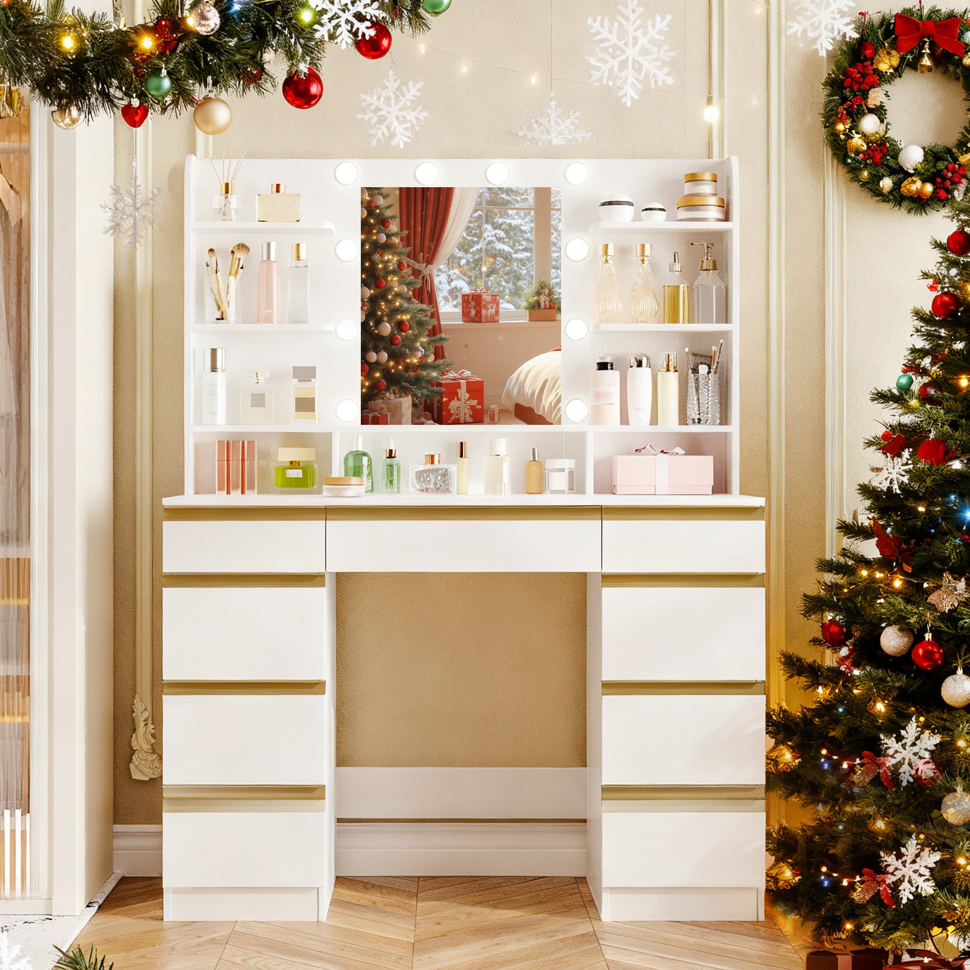 Hzuaneri Large Dressing Table with 10 LED Lights & Mirror, 9 Drawers, 9 Shelves, 3 Colors