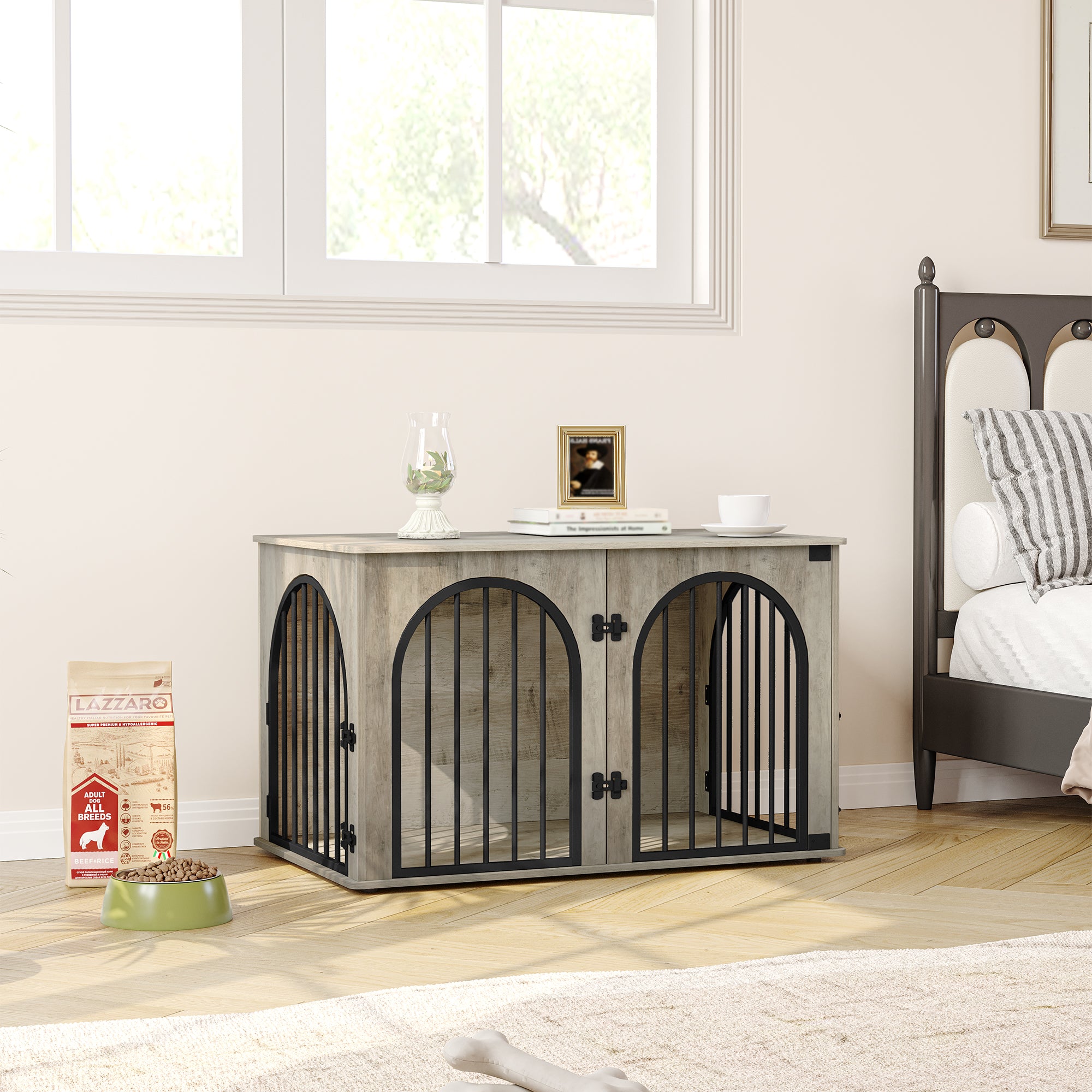 Hzuaneri Dog Cage Furniture, 100cm Dog Box for Home, 3 Doors, Arched Door, Modern Indoor Dog Crate for Dogs, Side Table, Heavy Duty Dog Cage, 100 x 60 x 63 cm, Light Ivory DFC84105B