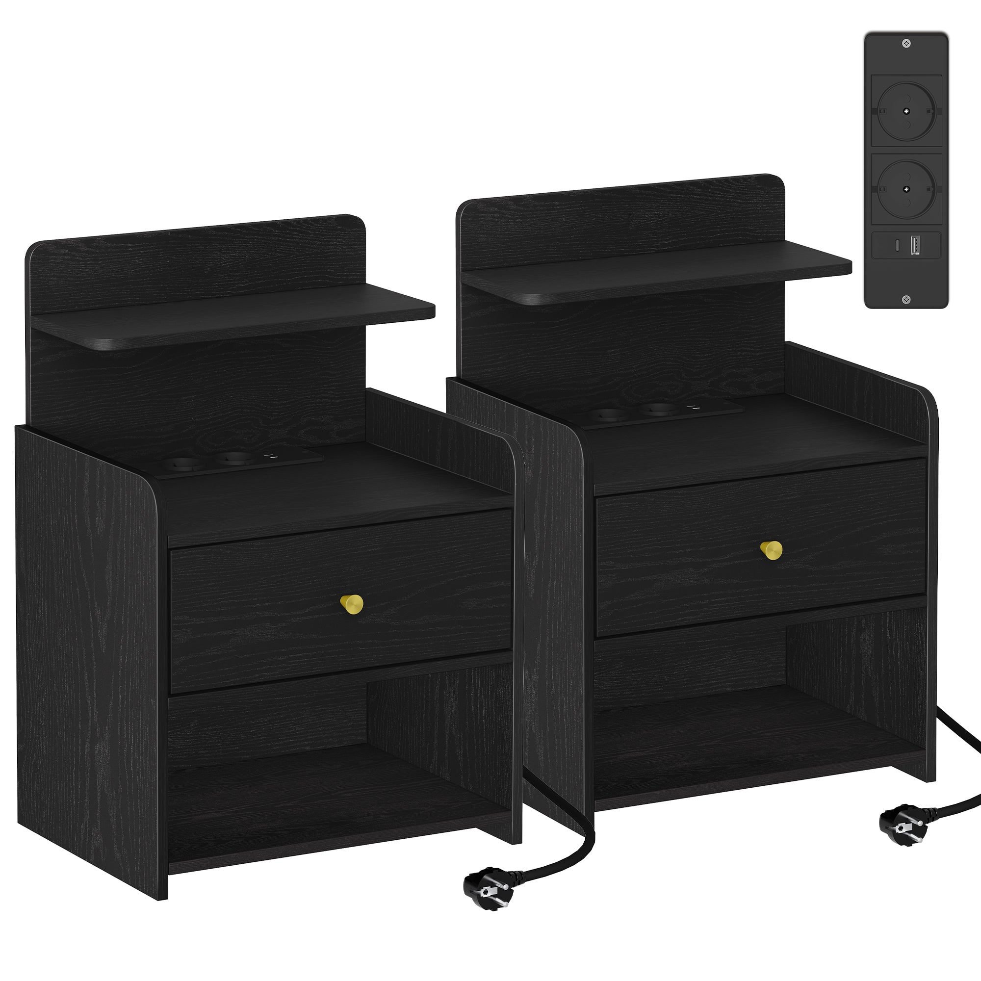 HEXCELEN Nightstand Set of 2, Side Table with 1 Drawer and 2 Open Compartments, Bedside Table, Sofa Table, Space-Saving, for Bedroom, Living Room, Modern, Black 411204X