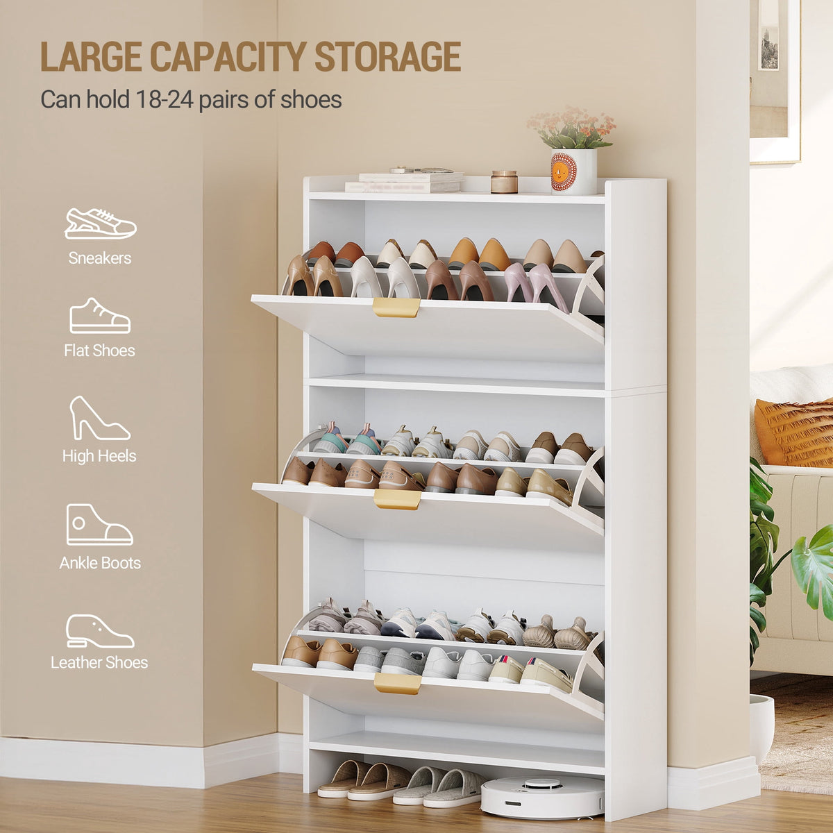 Hzuaneri 54.3" Tall Narrow Hidden Shoe Organizer, Freestanding Cabinet Featuring 3 Flip‑Top Drawers, Adjustable Shelves and Gold Handles, Stores 18‑24 Pairs, for Entryway, White
