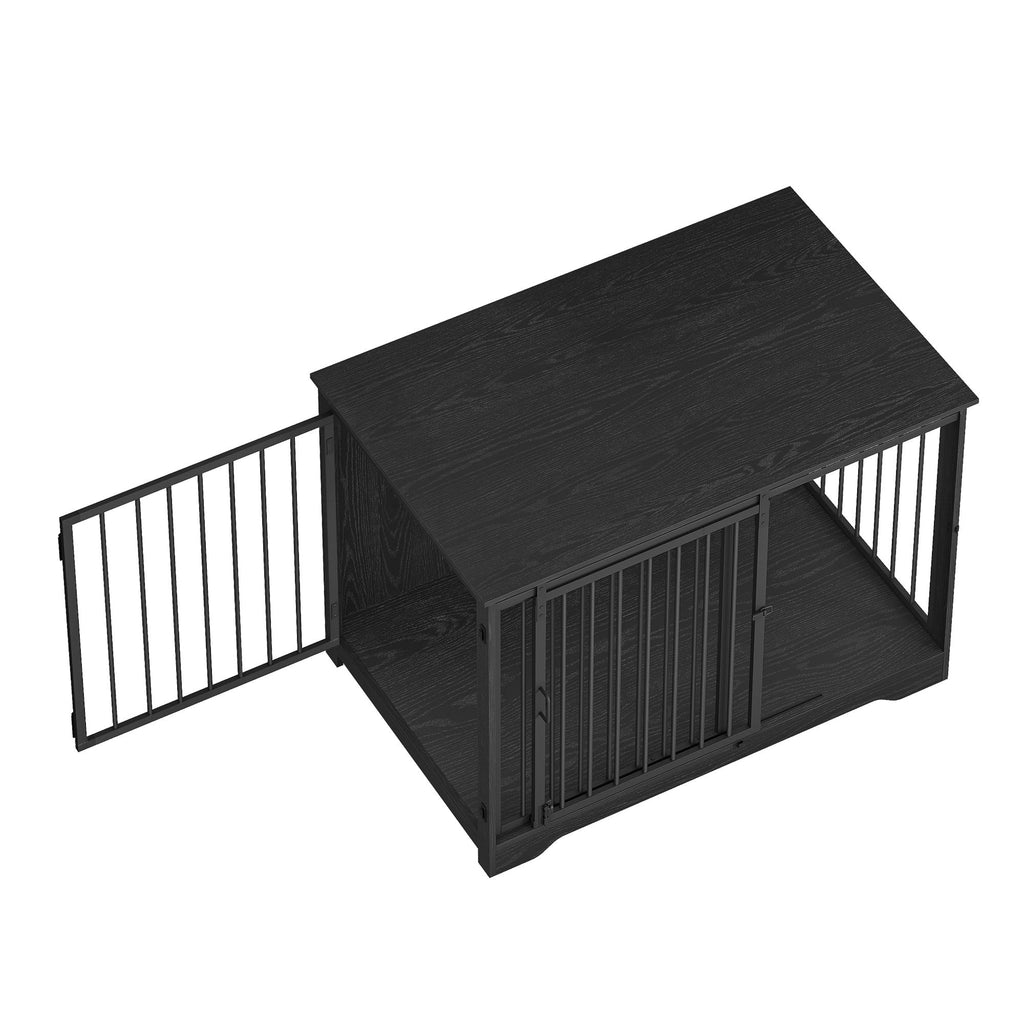 Hzuaneri Dog Crate Furniture with Barn Door, 43.3" Wood Heavy Duty Dog Crate Kennel for Medium/Large Dogs, End Side Table, Farmhouse Style, Black