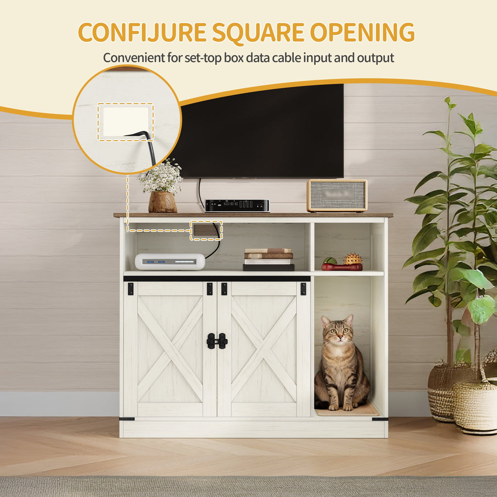 Cat Litter Box Enclosure, Wooden Hidden Cabinet with Storage and Scratch Pad, Farmhouse Style, Rustic Brown and White