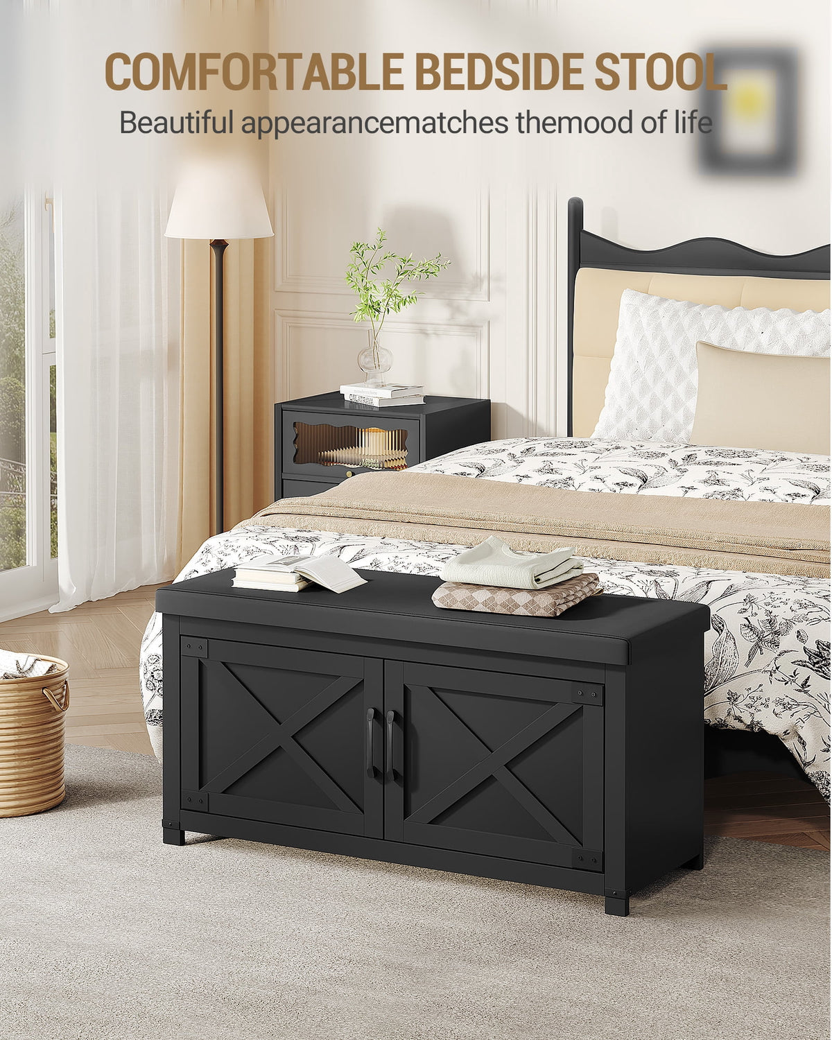 Hzuaneri Shoe Storage Bench, 39.4"W 2‑Tier Farmhouse Entryway Bench for Small Spaces, with Padded Seat Cushion, 2 Barn Doors & Adjustable Shelf, Shoe Cabinet for Living Room Bedroom Hallway, Black