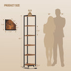 Corner Shelf 6-Tier with LED Light, Tall Narrow Bookshelf with Metal Frame for Small Spaces Living Room Home Office Bedroom, Rustic Brown