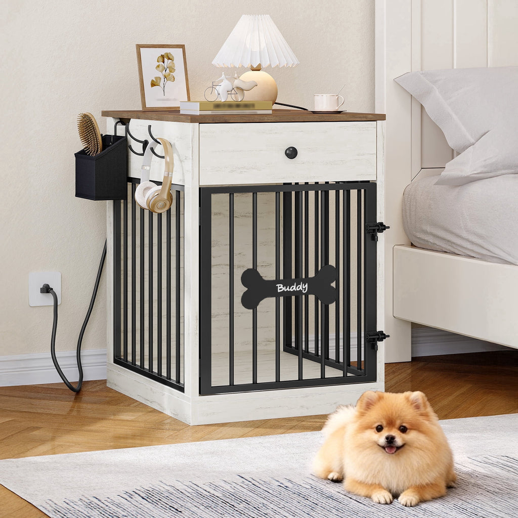 24.6" Wooden Dog Crate Furniture with charging station,small dogs,White Brown