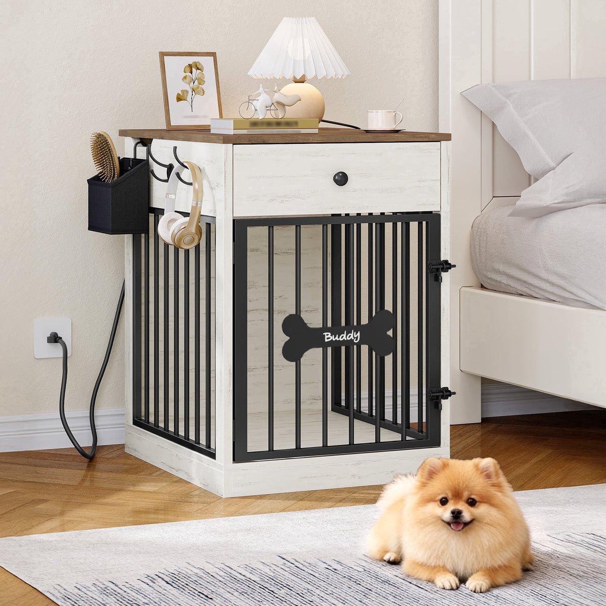 24.6" Wooden Dog Crate Furniture with charging station,small dogs,White Brown