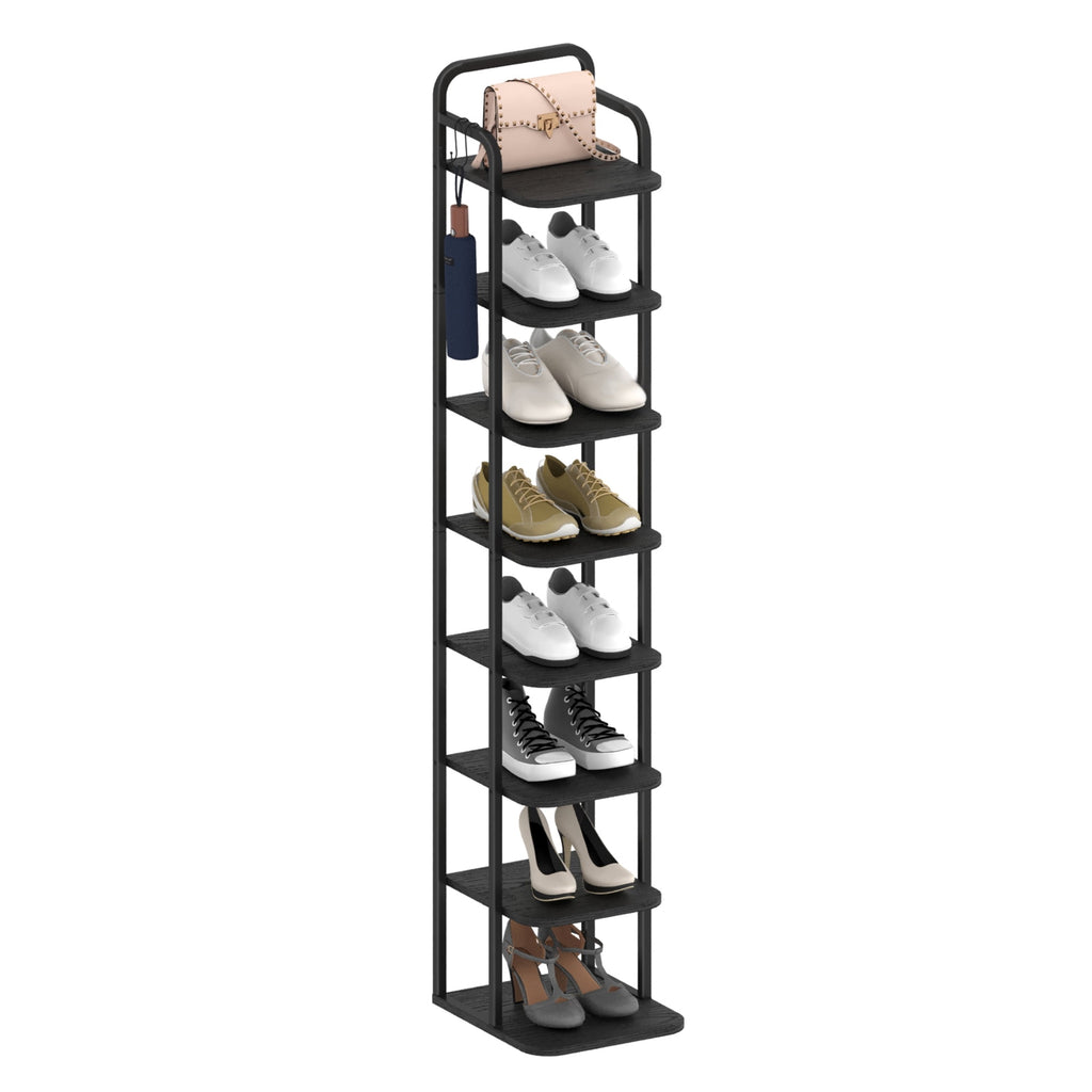 Hzuaneri Vertical Shoe Rack, 8-Tier Narrow Shoe Shelf, Shoe Tower with 2 Hooks, for Small Space, Closet, Entryway, Hallway, Bedroom, Black