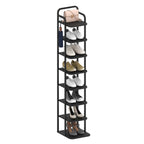 Hzuaneri Vertical Shoe Rack, 8-Tier Narrow Shoe Shelf, Shoe Tower with 2 Hooks, for Small Space, Closet, Entryway, Hallway, Bedroom, Black