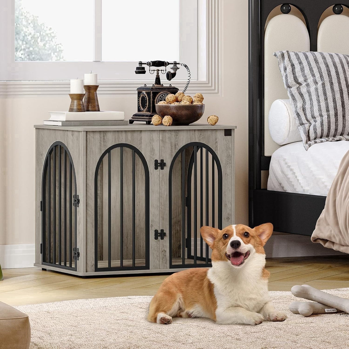 Hzuaneri 26.8" Dog Crate Furniture, Wooden Dog Kennel with Cushion, Indoor Dog Cage for Small Dogs, Decorative Pet House Side End Table, Chew-Resistant, Greige