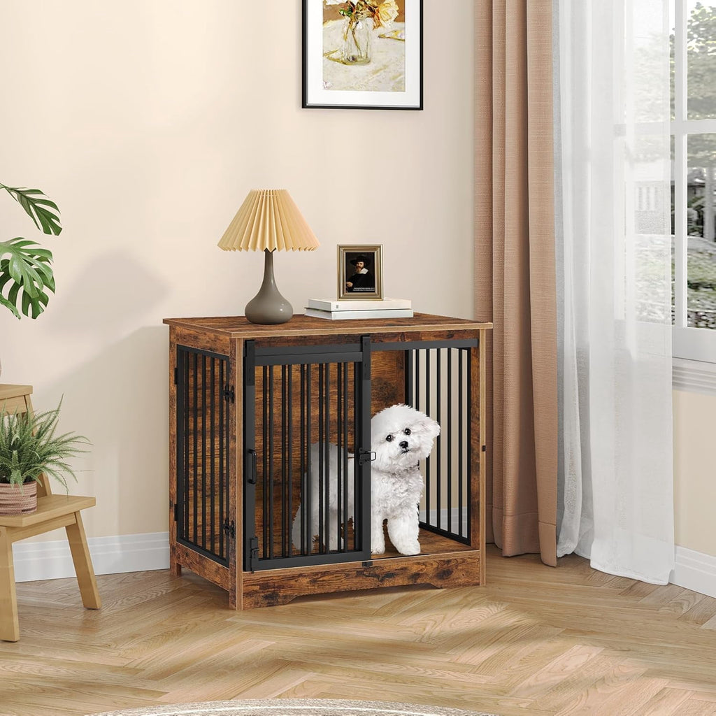 Hzuaneri 27.2" Dog Crate Furniture with Barn Door, Heavy Duty Wooden Kennel for Small Dogs up to 22 lb, Rustic Brown