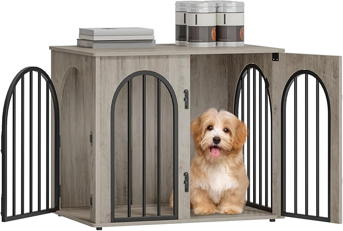 Hzuaneri 26.8" Dog Crate Furniture, Wooden Dog Kennel with Cushion, Indoor Dog Cage for Small Dogs, Decorative Pet House Side End Table, Chew-Resistant, Greige
