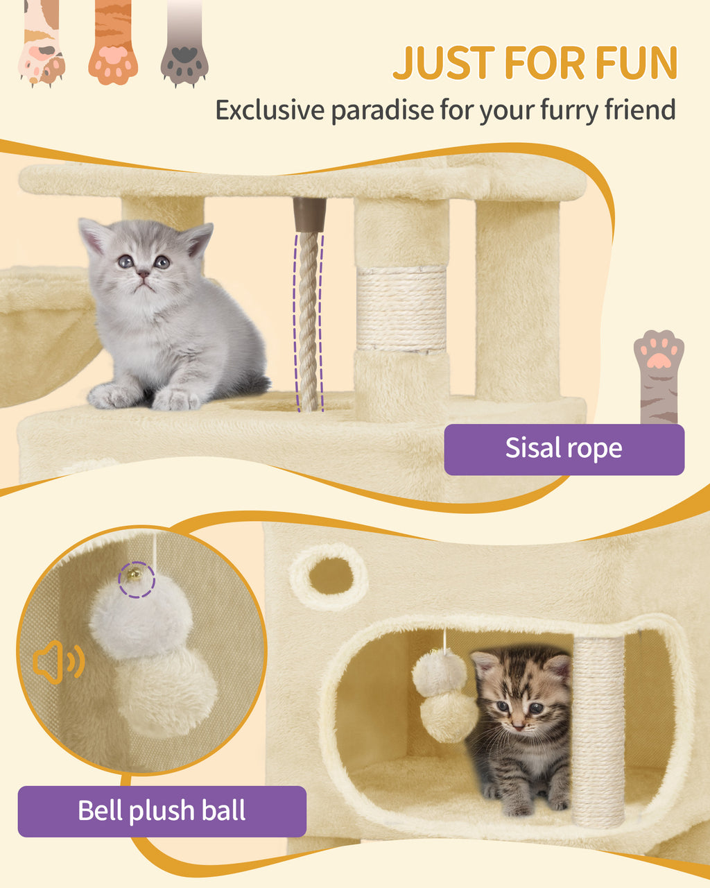 Hzuaneri Cat Tree, 159 cm with 8 Scratching Posts, Beige with 3 Platforms, 2 Caves, Basket, Plush Balls, Sisal Rope, Suitable for Cats of Various Sizes, MS15918YL