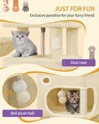 Hzuaneri Cat Tree, 159 cm with 8 Scratching Posts, Beige with 3 Platforms, 2 Caves, Basket, Plush Balls, Sisal Rope, Suitable for Cats of Various Sizes, MS15918YL