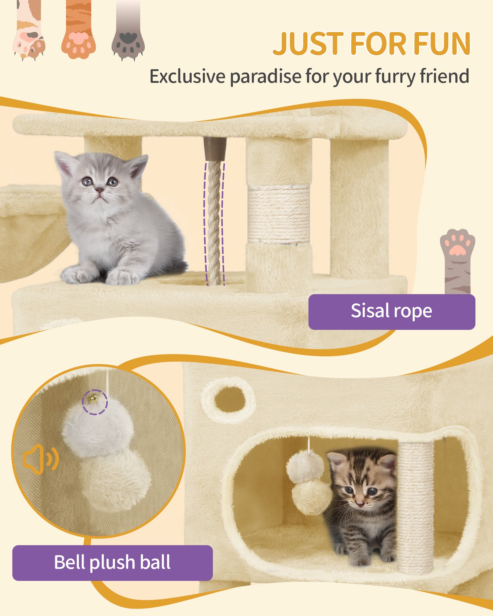 Hzuaneri Cat Tree, 159 cm with 8 Scratching Posts, Beige with 3 Platforms, 2 Caves, Basket, Plush Balls, Sisal Rope, Suitable for Cats of Various Sizes, MS15918YL