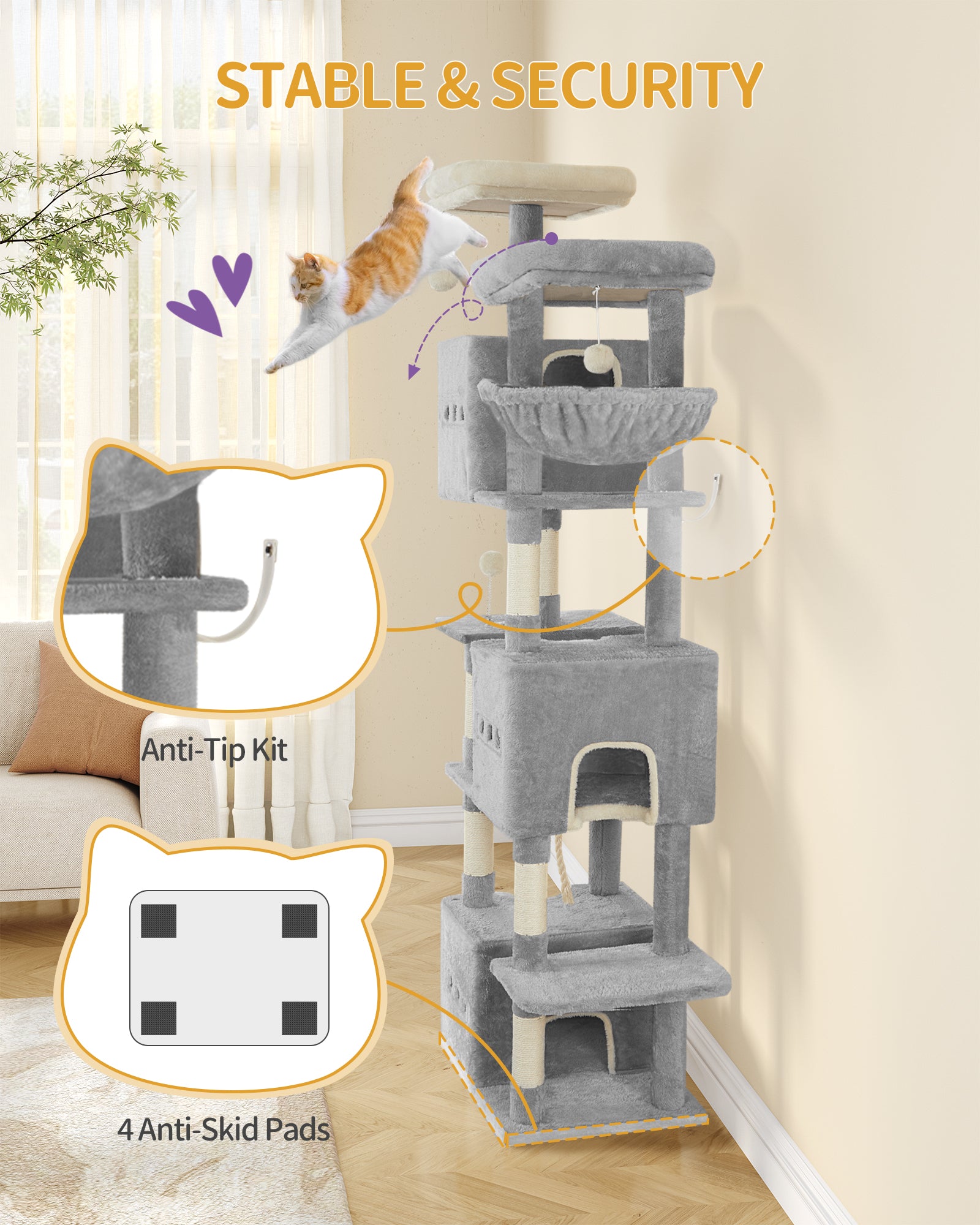 Hzuaneri Large Cat Tree, 193 cm High, XXL Cat Tree, with 7 Scratching Posts, 3 Caves, 2 Platforms, 2 Plush Balls, Basket