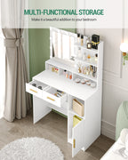 Hzuaneri Dressing Table with LED Lights Mirror, Adjustable Brightness, 2 Drawers & Cabinet, White