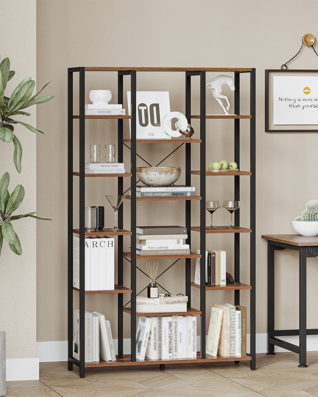 Hzuaneri  6-Level Bookshelf with 15 Adjustable Shelves, Vintage Brown-Black, 30 x 100 x 170 cm