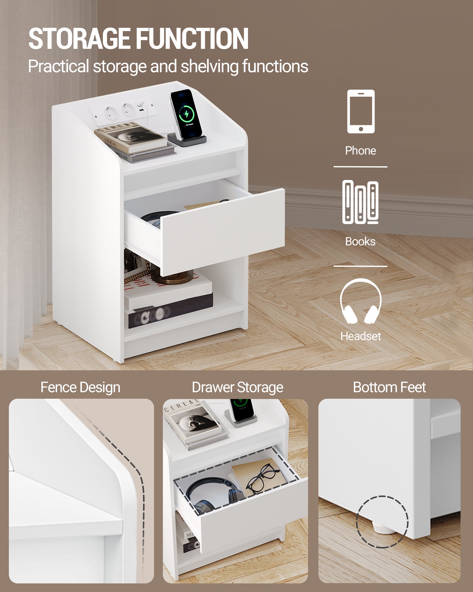 Hzuaneri Bedside Table with LED Light & Charging Station, 2 USB Ports & Outlets, Storage Drawer