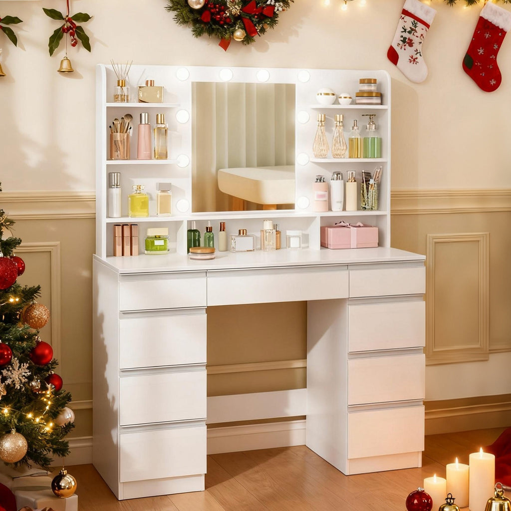 Hzuaneri Large Dressing Table with 10 LED Lights & Mirror, 9 Drawers, 9 Shelves, 3 Colors
