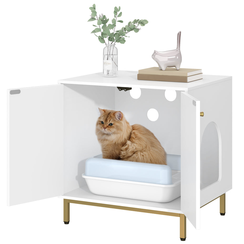 Hzuaneri Cat Cabinet, Cat Litter Box, Cat Toilet Cabinet, Cat House with Door, Wooden Side Table for Pet House White and Gold