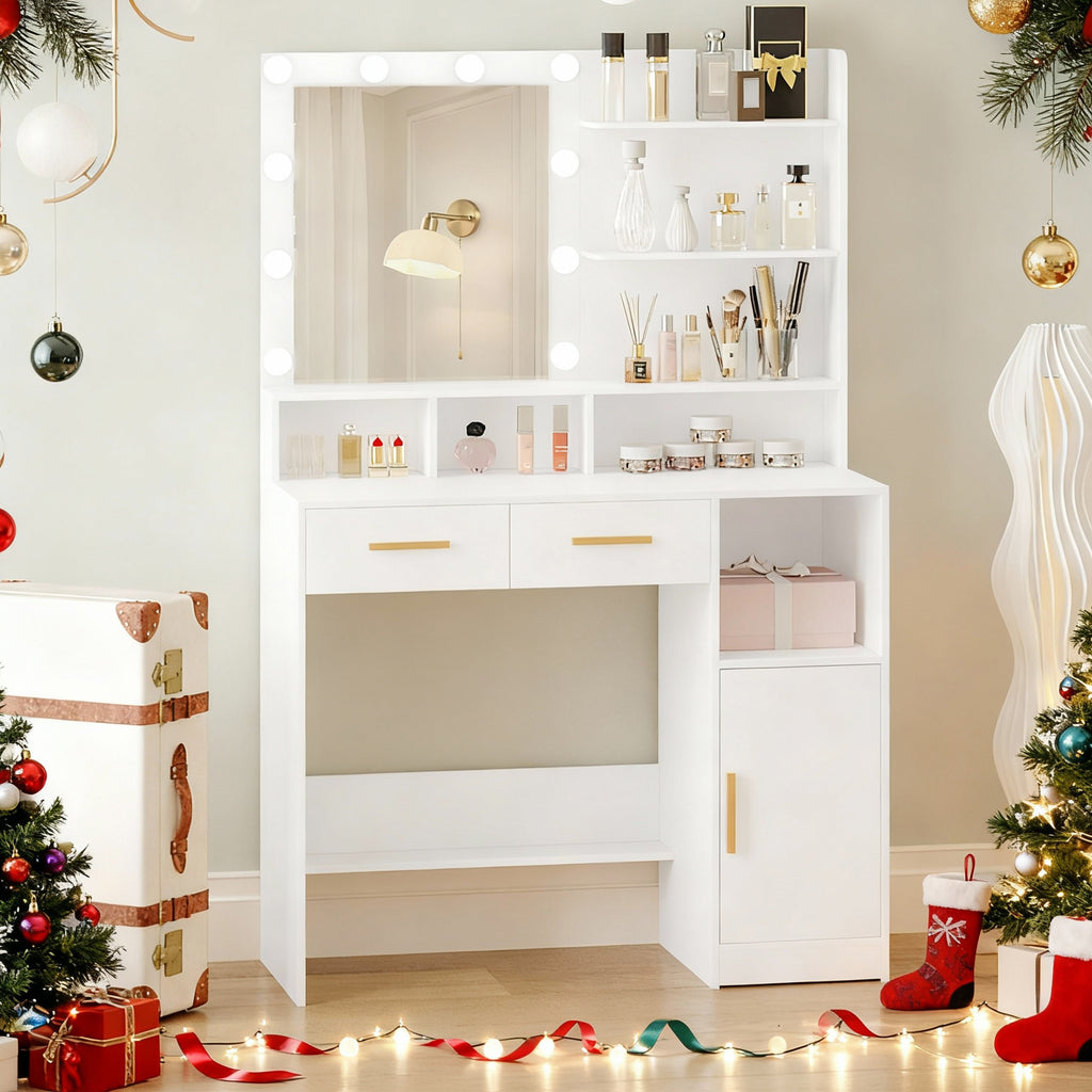 Hzuaneri Dressing Table with LED Lights Mirror, Adjustable Brightness, 2 Drawers & Cabinet, White