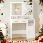 Hzuaneri Dressing Table with LED Lights Mirror, Adjustable Brightness, 2 Drawers & Cabinet, White