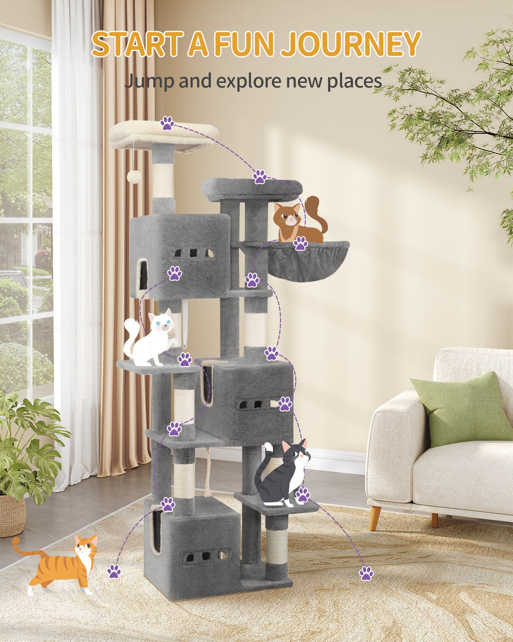 Hzuaneri Large Cat Tree, 193 cm High, XXL Cat Tree, with 7 Scratching Posts, 3 Caves, 2 Platforms, 2 Plush Balls, Basket