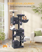 Hzuaneri Large Cat Tree, 193 cm High, XXL Cat Tree, with 7 Scratching Posts, 3 Caves, 2 Platforms, 2 Plush Balls, Basket