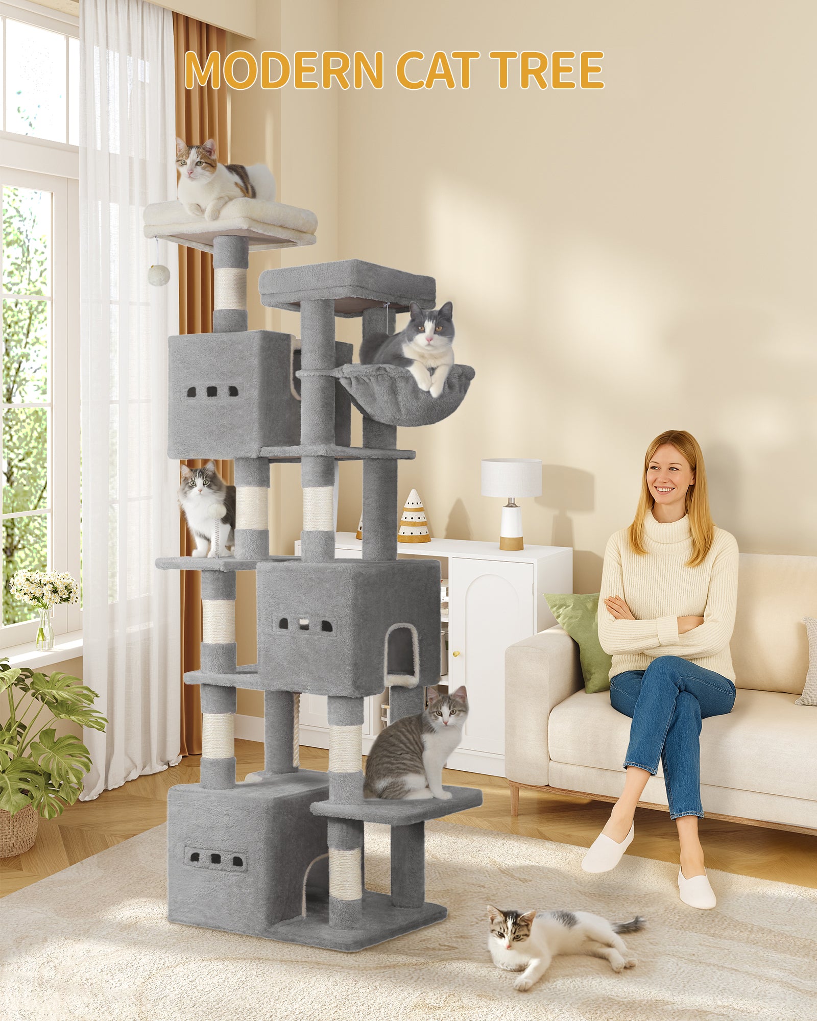 Hzuaneri Large Cat Tree, 193 cm High, XXL Cat Tree, with 7 Scratching Posts, 3 Caves, 2 Platforms, 2 Plush Balls, Basket