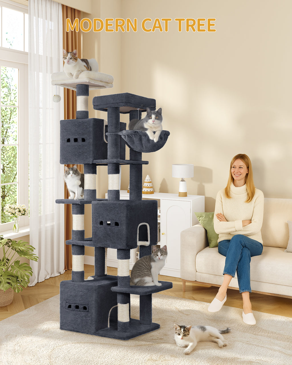 Hzuaneri Large Cat Tree, 193 cm High, XXL Cat Tree, with 7 Scratching Posts, 3 Caves, 2 Platforms, 2 Plush Balls, Basket