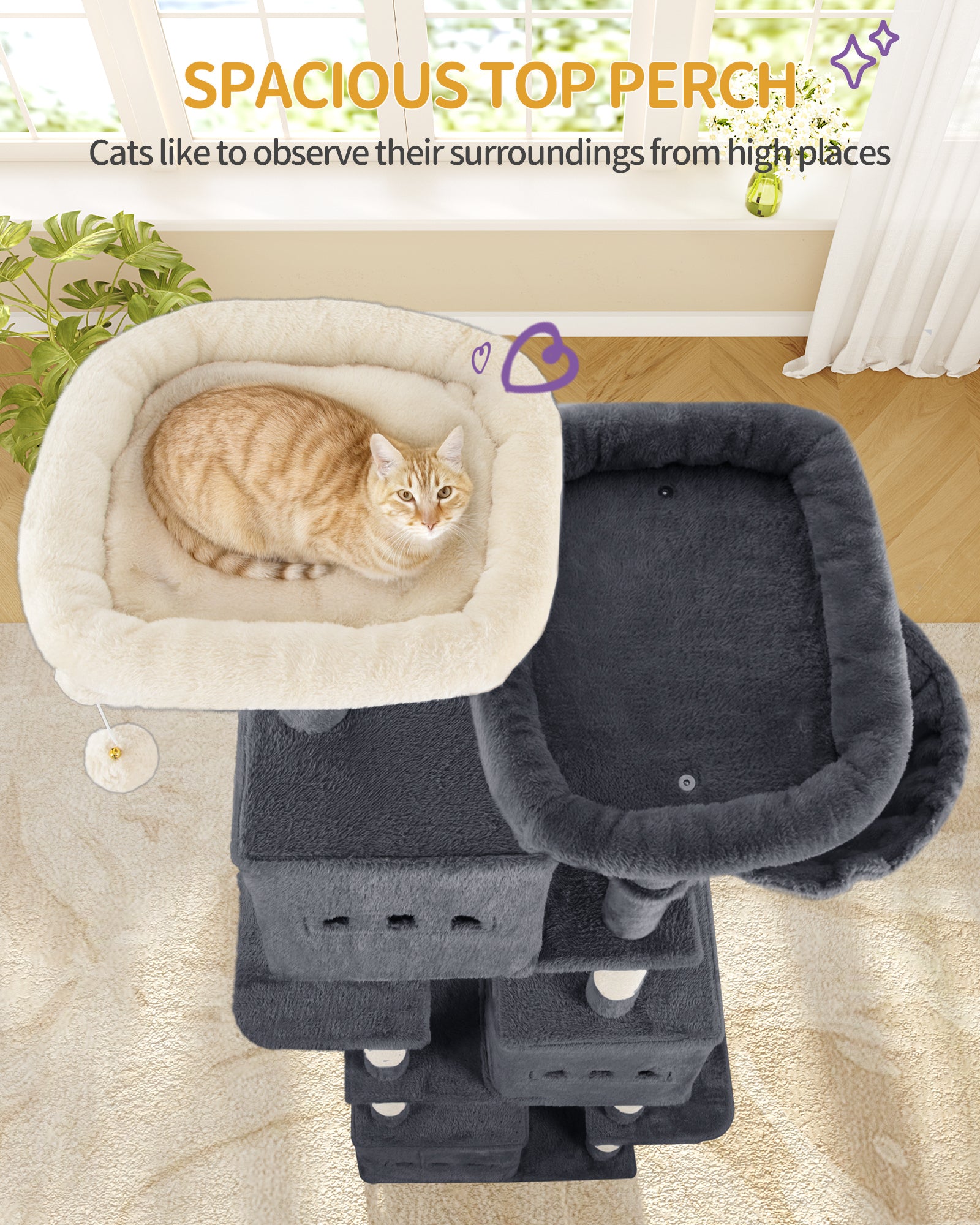Hzuaneri Large Cat Tree, 193 cm High, XXL Cat Tree, with 7 Scratching Posts, 3 Caves, 2 Platforms, 2 Plush Balls, Basket