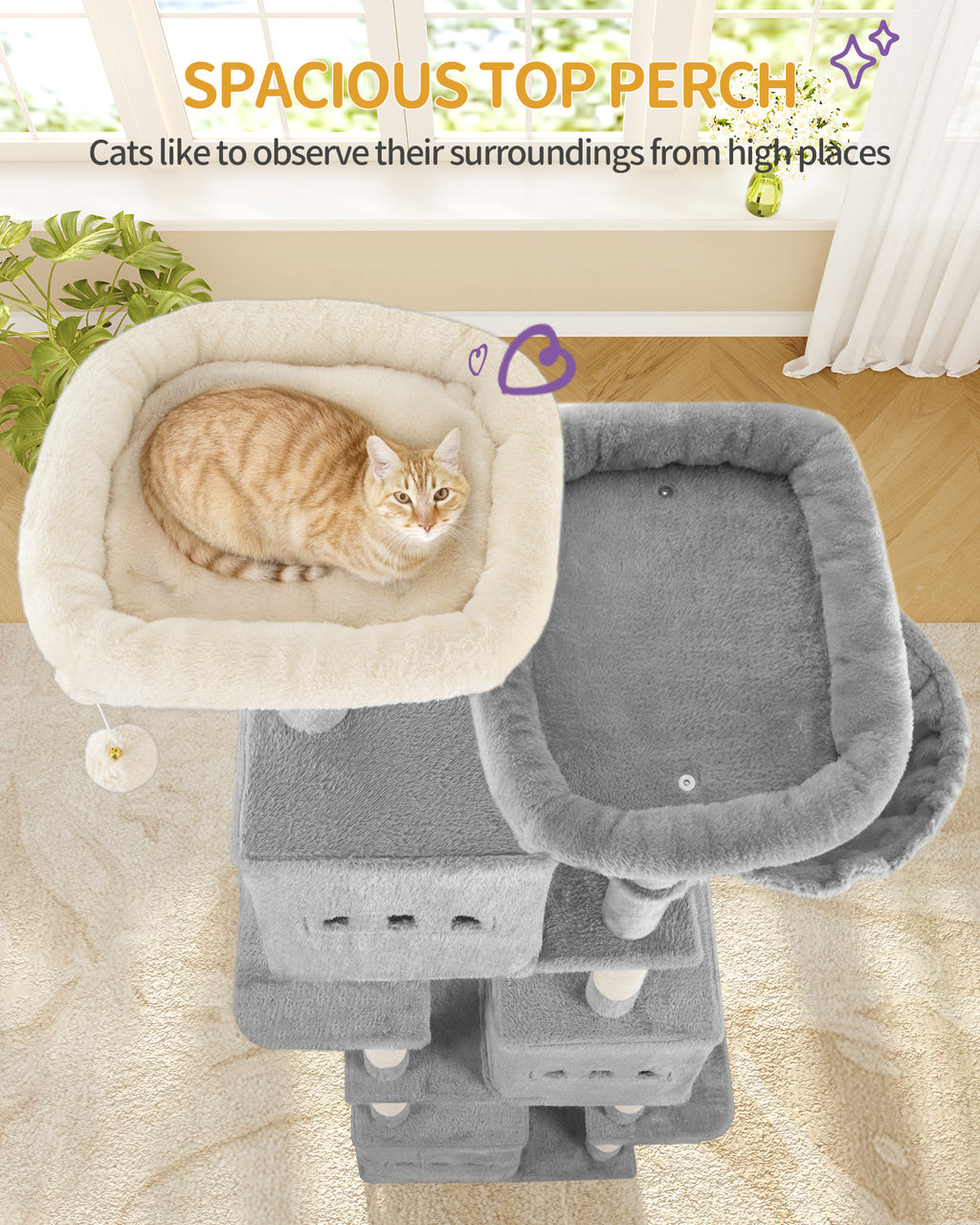 Hzuaneri Large Cat Tree, 193 cm High, XXL Cat Tree, with 7 Scratching Posts, 3 Caves, 2 Platforms, 2 Plush Balls, Basket